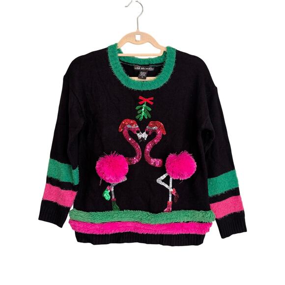 United States Sweaters Women PS Petite Black Flamingos Ugly Christmas Holidays - Picture 1 of 6